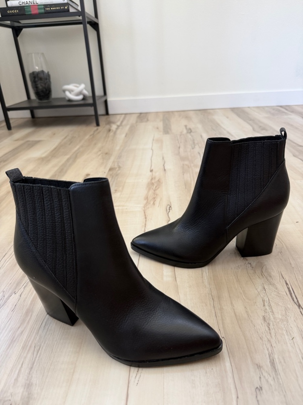 Marc Fisher Alva Black Pointed Toe Ankle Booties with Block Heel | Size 9